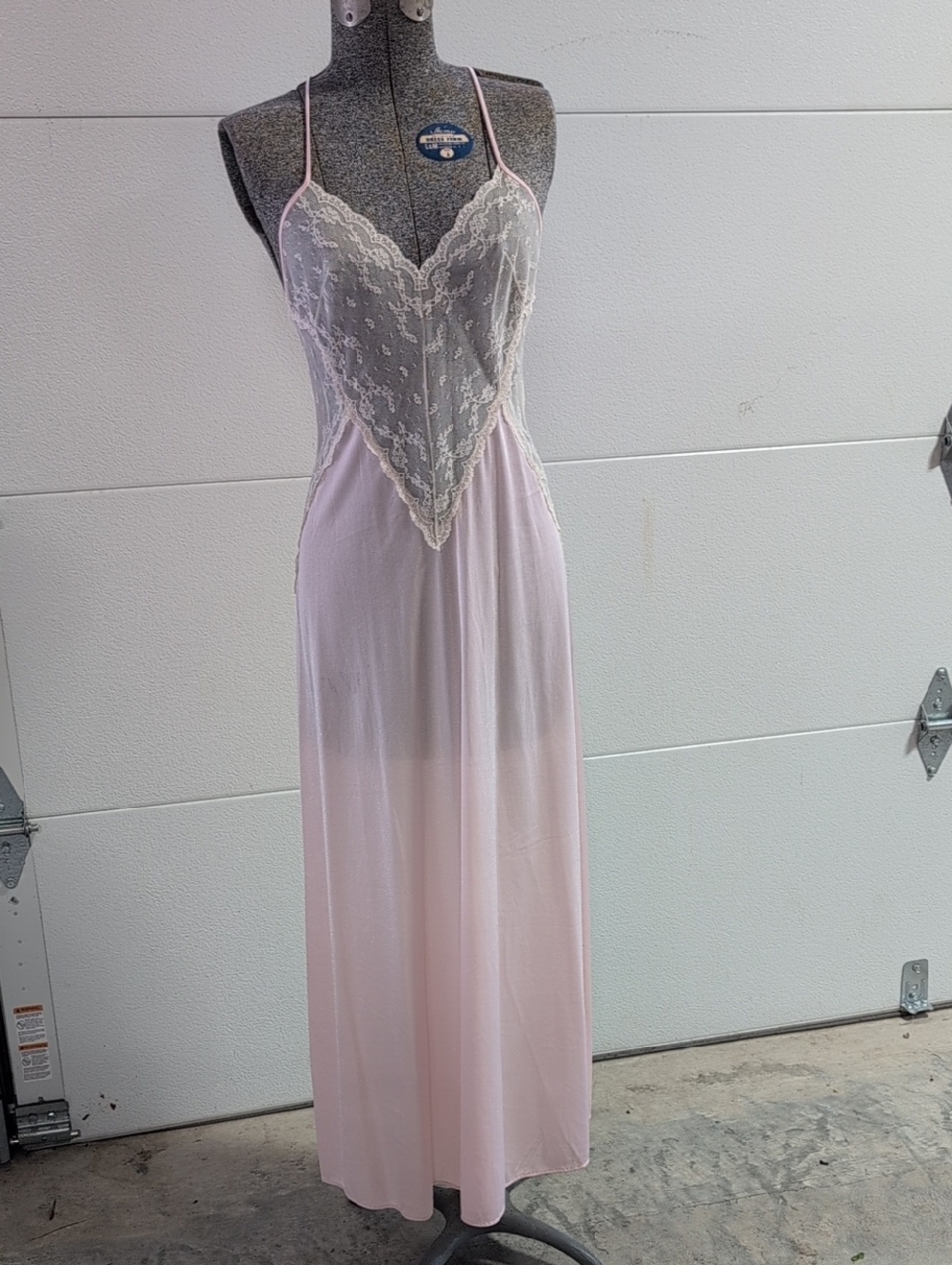Vintage Nylon Lace Bodice 70s 80s Baby Pink Full Length Long Night Gown Small